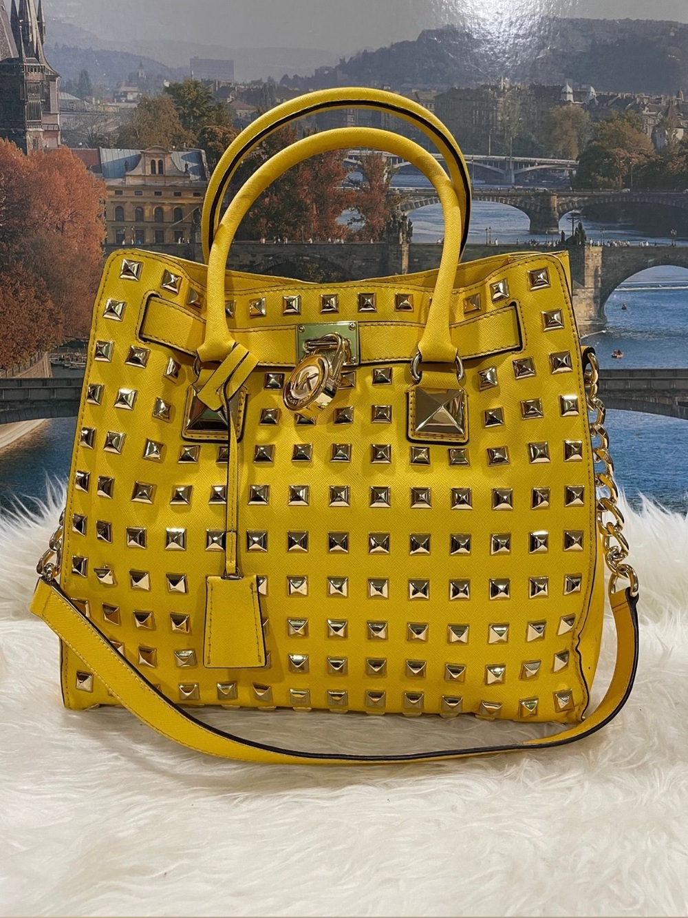 Michael Kors Yellow Studded Tote with Gold Hardware